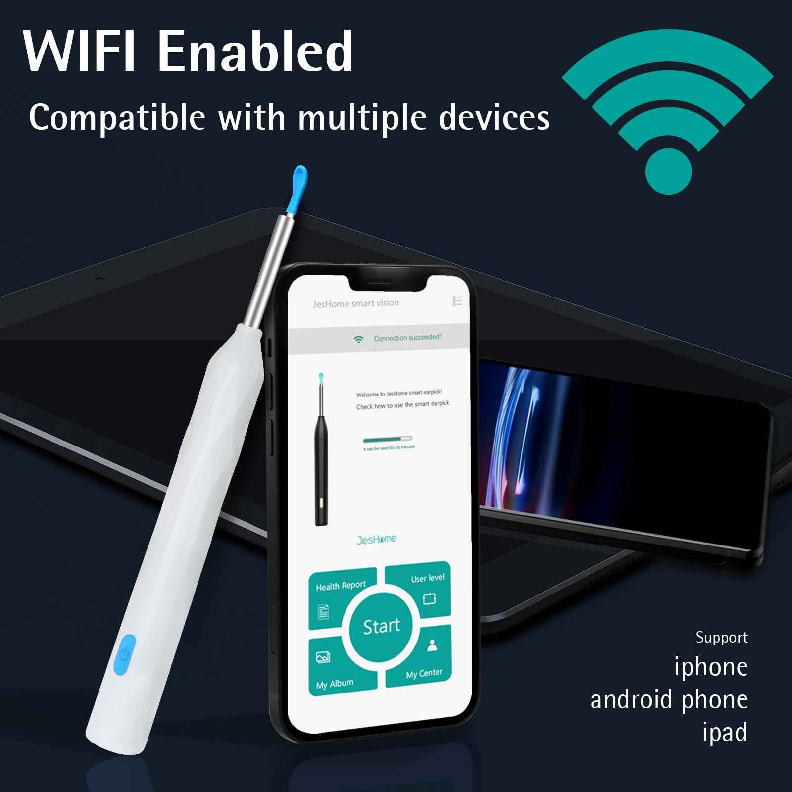 Ear Wax Removal, Ear Wax Removal Tool Camera with 1440P, Ear Cleaner with Camera and 7 Pcs Ear Set, Earwax Removal Kit with 6 Led Lights for iPhone, IPad, Android Phones (White)