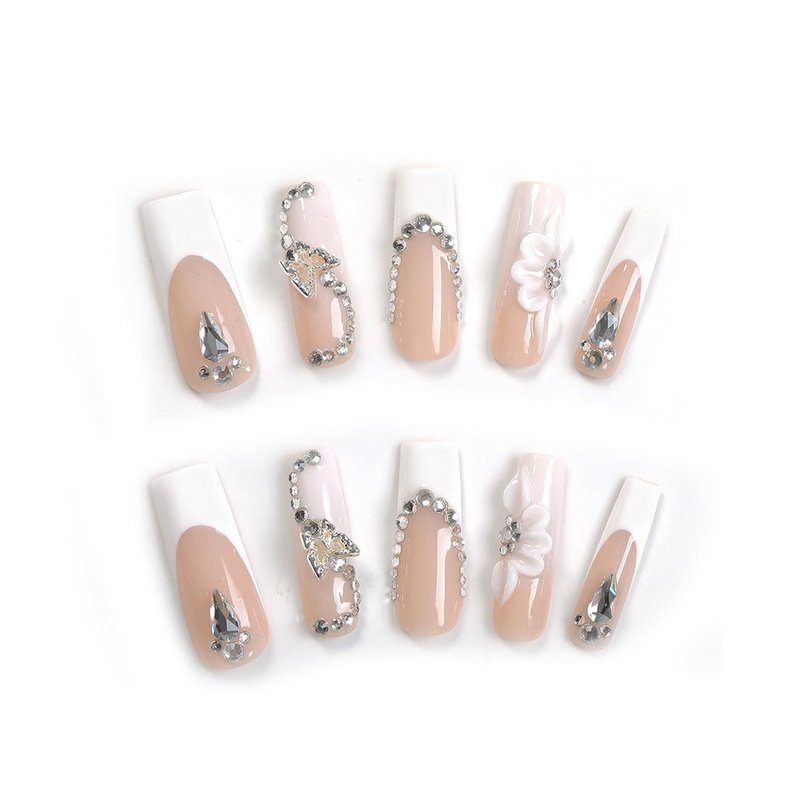 Handmade Nails Thick Press on Nails Long Coffin Fake Nails with Glue,Colourful Tropical Flower Art False Nails with Rhinestone Designs Reusable Nature Stick on Nail for Wome (Size M)