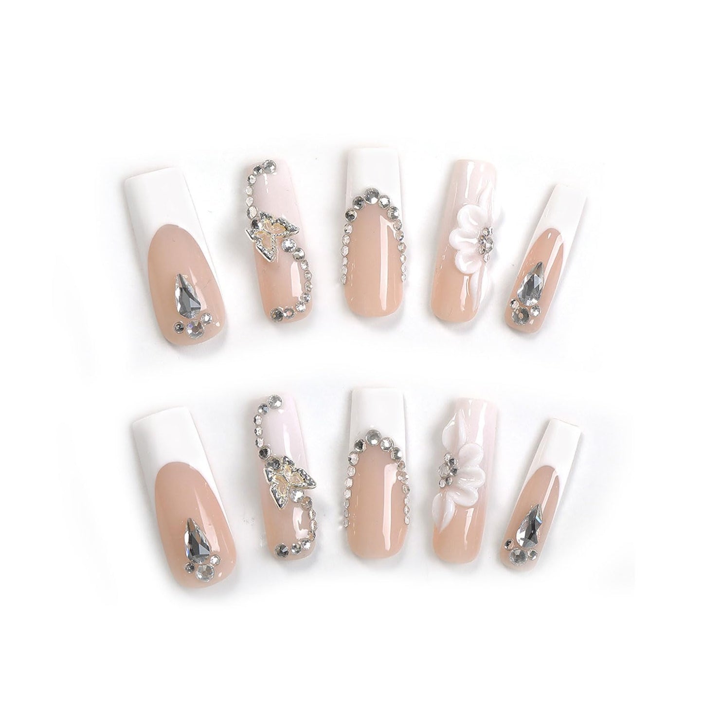 Handmade Press on Nails Long Square Thick Acrylic Nails Tropical Flower Fake Nails,False Nails with 3D Cherry Designs French Tip Reusable Nature Stick on Nail for Wome (Size M)