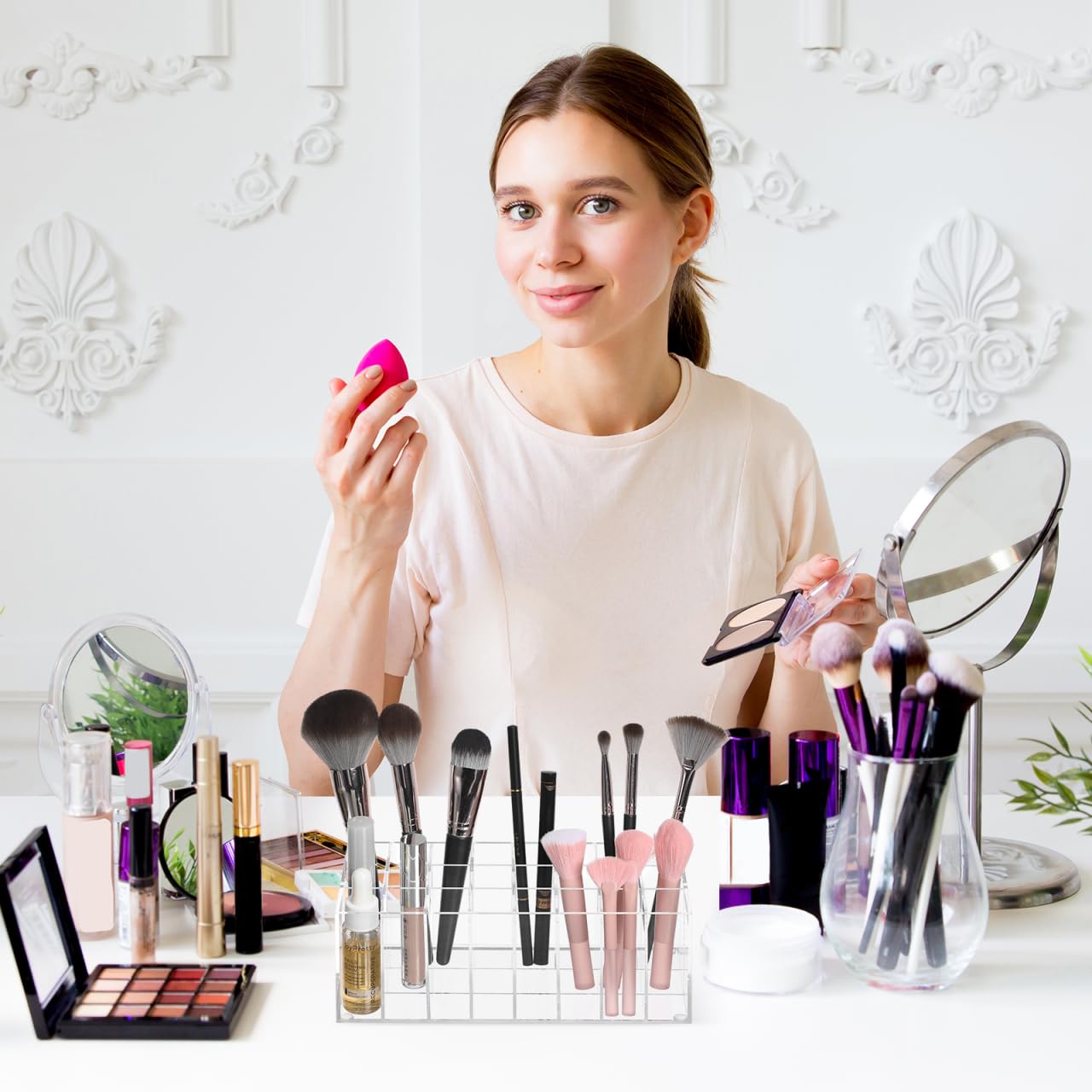 UKCOCO Acrylic Lipstick Display Rack 24 Slots Clear Cosmetic Organizer Holder for Makeup Tools Lip Gloss Multipurpose Storage Container 8.26X3.54X3.03In