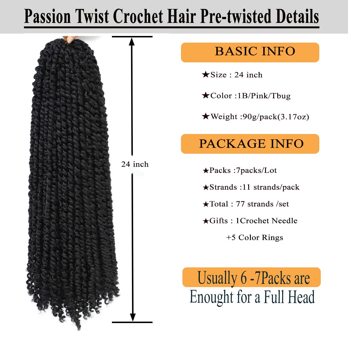 Passion Twist Hair 24 Inch 7Packs Long Pre-twisted Passion Twists Crochet Hair Pre-looped Synthetic Crochet Braids (7 Packs,1B)