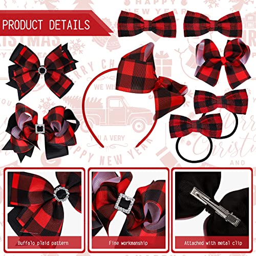 Whaline 9Pcs Christmas Buffalo Plaid Hair Bow Accessories Include Red Black Checkered Ribbon Hair Clips, Headband and Hair Scrunchies Christmas Barrette Ties for Girl Woman Teen Xmas Party Hair Gifts