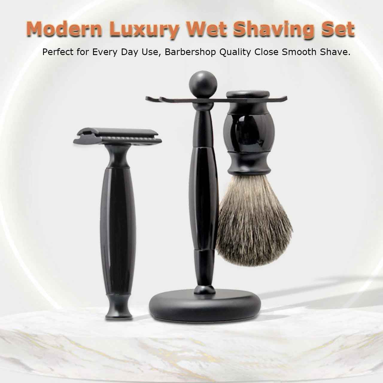 Danweix Black Wet Shaving Kit for Men, 3 in 1 Set with Badger Hair Brush, Double Edge Safety Razor, Alloy Stand Holder