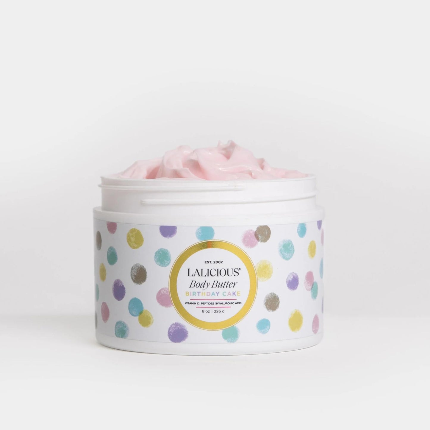 LALICIOUS Birthday Cake Whipped Body Butter 8oz | Ultra-Hydrating Shea Butter Body Cream with Hyaluronic Acid, Vitamin C & Peptides | Deep Moisturizing Lotion for Dry Skin | Firming & Skin-Softening