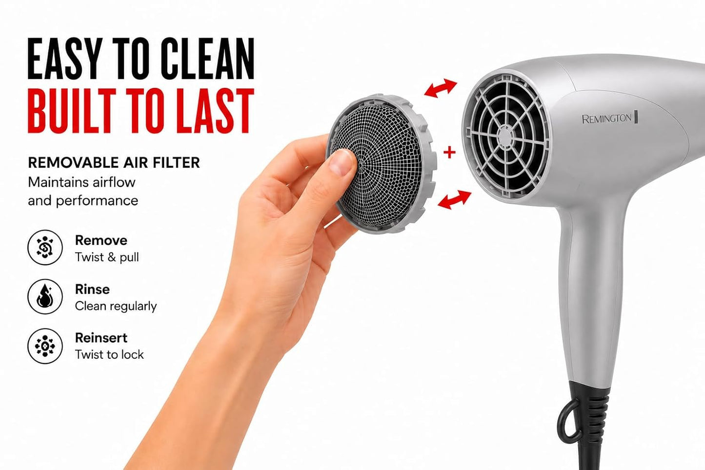 Remington Hair Dryer - Damage Protection with Ceramic Ionic Tourmaline Technology | Grey, 3-Piece Set with Diffuser & Concentrator