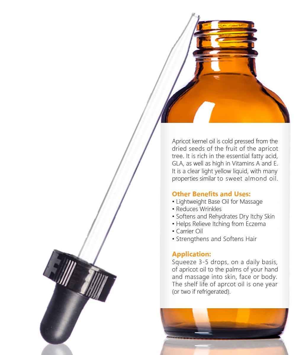 Organic Apricot Kernel Oil MOISTURIZER - in Large 4 oz Dark Glass Bottle with Dropper 100% Pure and Unrefined | an Essential Aromatherapy Skin Massage Oil for Body Hands & Feet