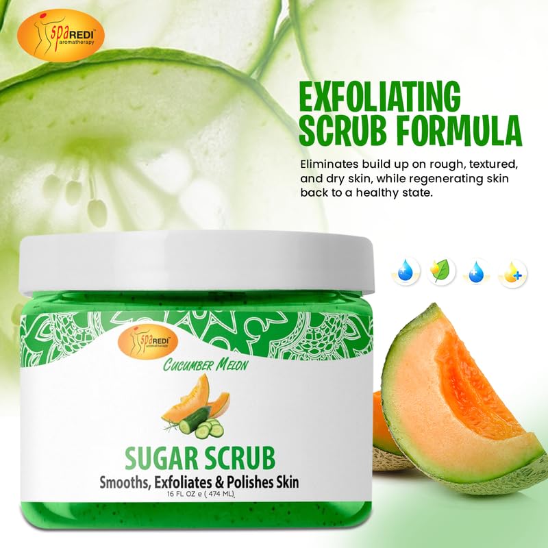 SPA REDI – Sugar Body Scrub, Cucumber Melon, 16 Oz, Exfoliating, Moisturizing, Hydrating and Nourishing, Glow, Polish, Smooth and Fresh Skin - Body Exfoliator