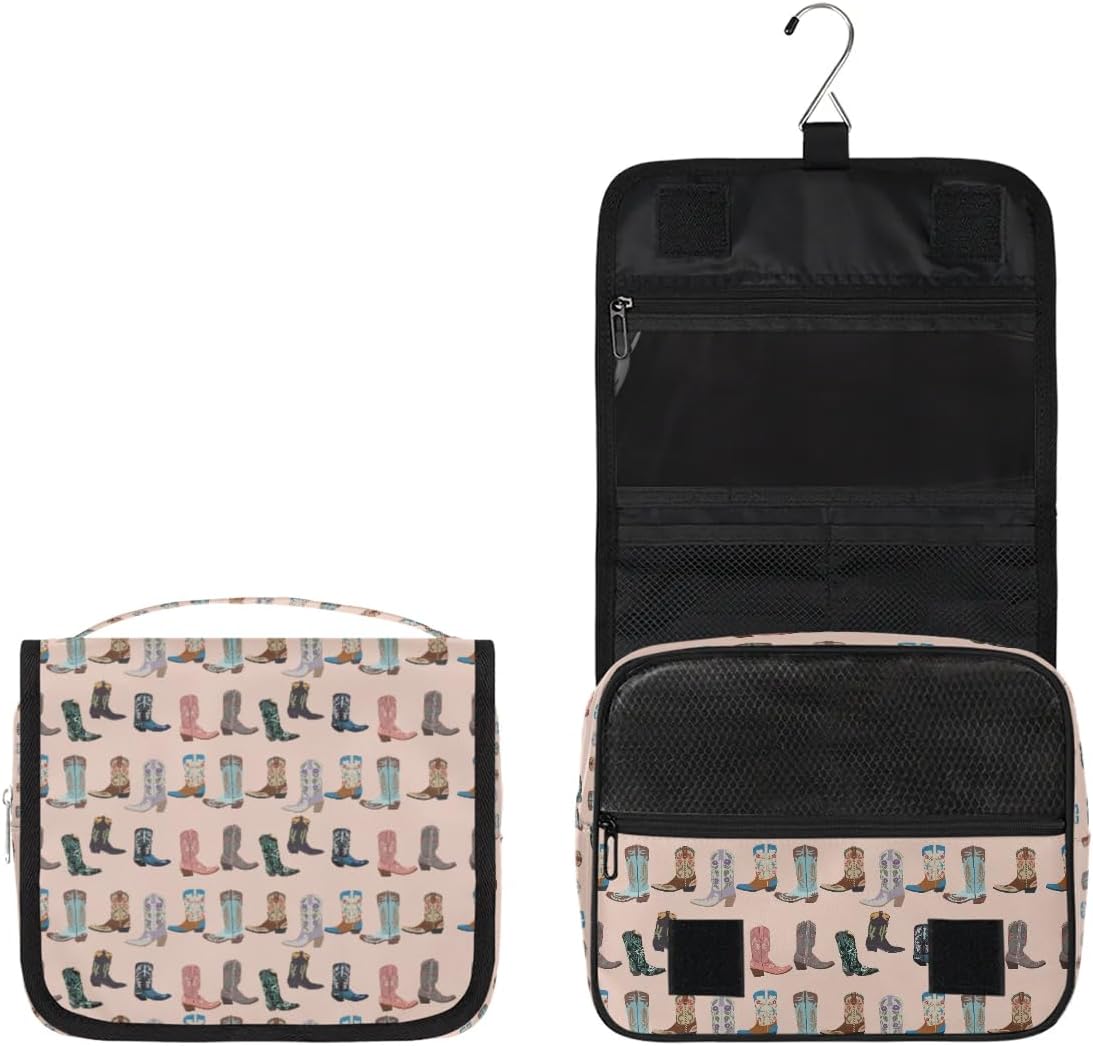 Travel Toiletry Bag - Pink Retro Western Print | Large Makeup Organizer with Hanging Hook