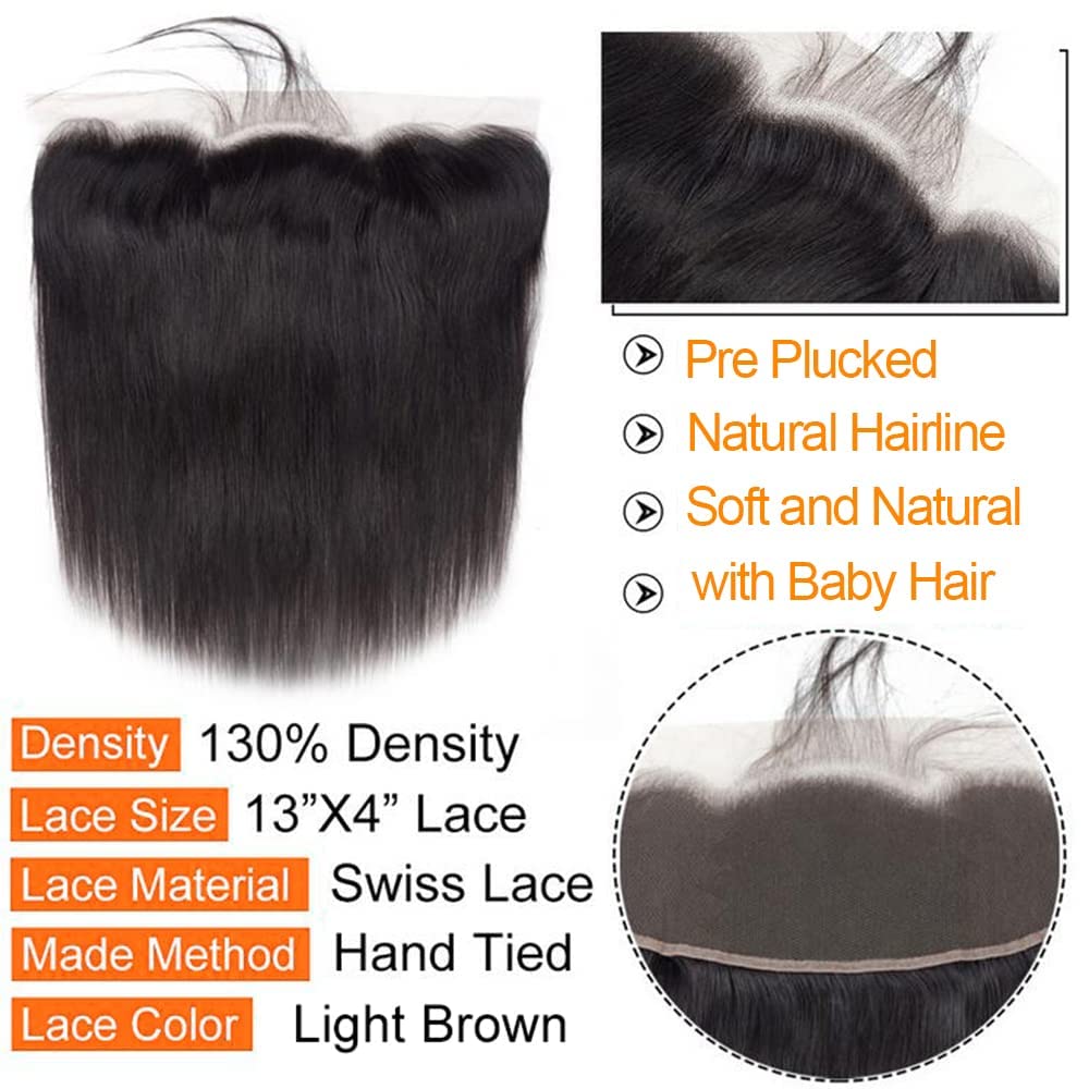 QTHAIR Straight HD Lace Frontal Human Hair 18A Brazilian Straight Human Hair Ear to Ear 13x4 Swiss Lace Frontal(14",Natural Color) Pre Plucked Natural Hairline with Baby Hair