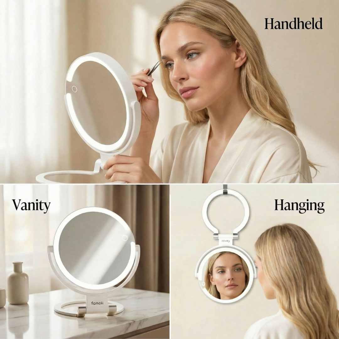 Fancii Travel Magnifying Mirror 10x /1x with Lights, Rechargeable | 9-Inch Extra Large LED Lighted Makeup Mirror, Folding Double Sided Portable Vanity Mirror, 3 Light Settings, Touch Sensor (Sadie)