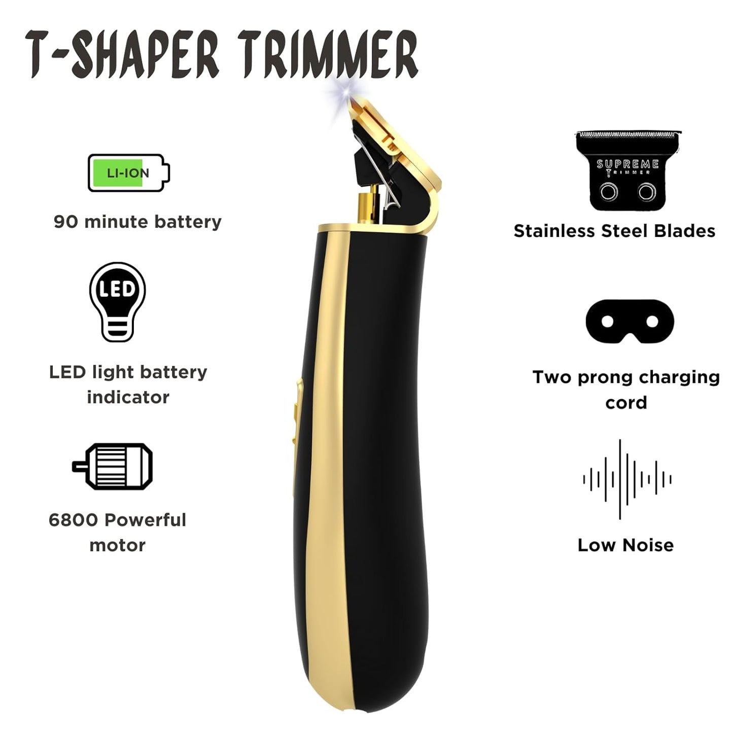 Professional Barber Trimmer - Supreme T Shaper Cordless Clippers for Sensitive Skin | 90 Min Runtime, Low Noise