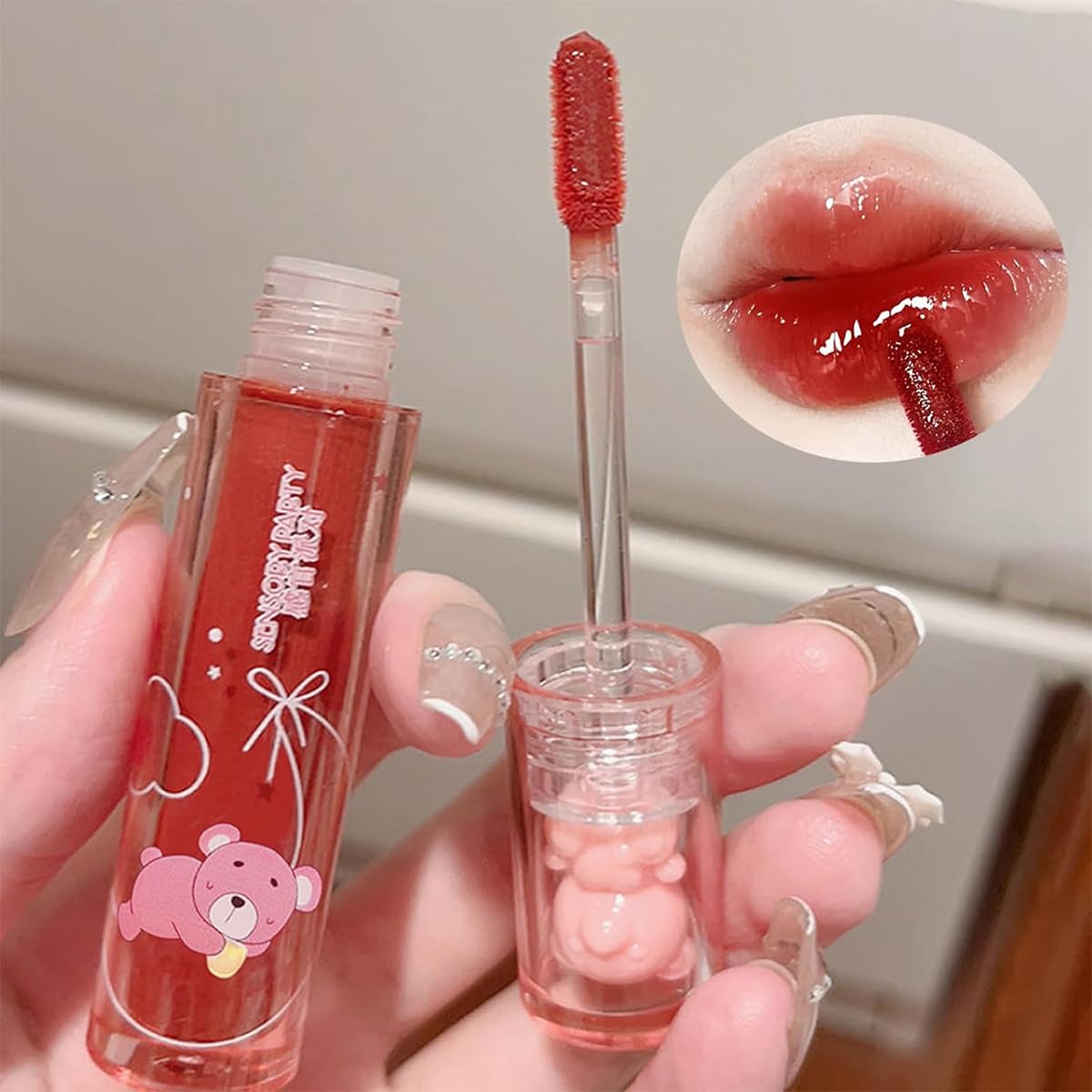 Baorder 4Pcs Bear Lip Glaze Hydrating Jelly Lip Gloss,Jelly Liquid Lipstick Cute Bear Lipgloss Moisturizing Lip Stain Plumping Water Lip Gloss Waterproof Long Lasting Cheek Rouge Tint Makeup (4, A)