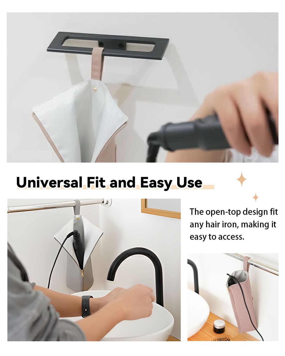 Easy-U Holder & Mat for Curling Iron Flat Iron, Heat Resistant Hot Hair Tool Travel Bag Case (pink&beige)