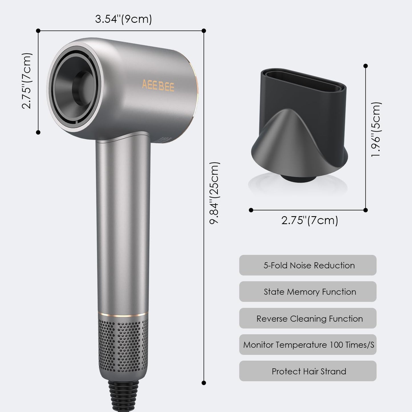 Powerful Hair Dryer, Lightweight & Small & Low Noise Ionic Blow Dryer, High Speed for Fast Drying, Compact with Magnetic Nozzle Attachment, Sliver