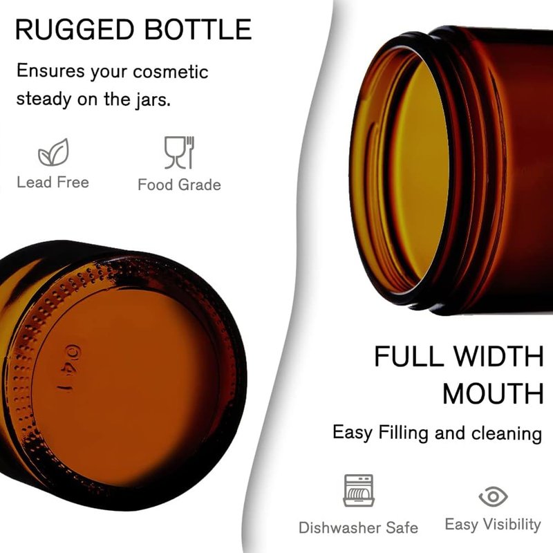 BPFY 12 Pack 4 oz Round Amber Glass Cosmetic Jars with Inner Liners, Black Lids, Spatula, Chalk Labels, Pen, Candle Holder, Refillable Containers for Makeup, Cream, Sugar Scrubs, Bath Salts