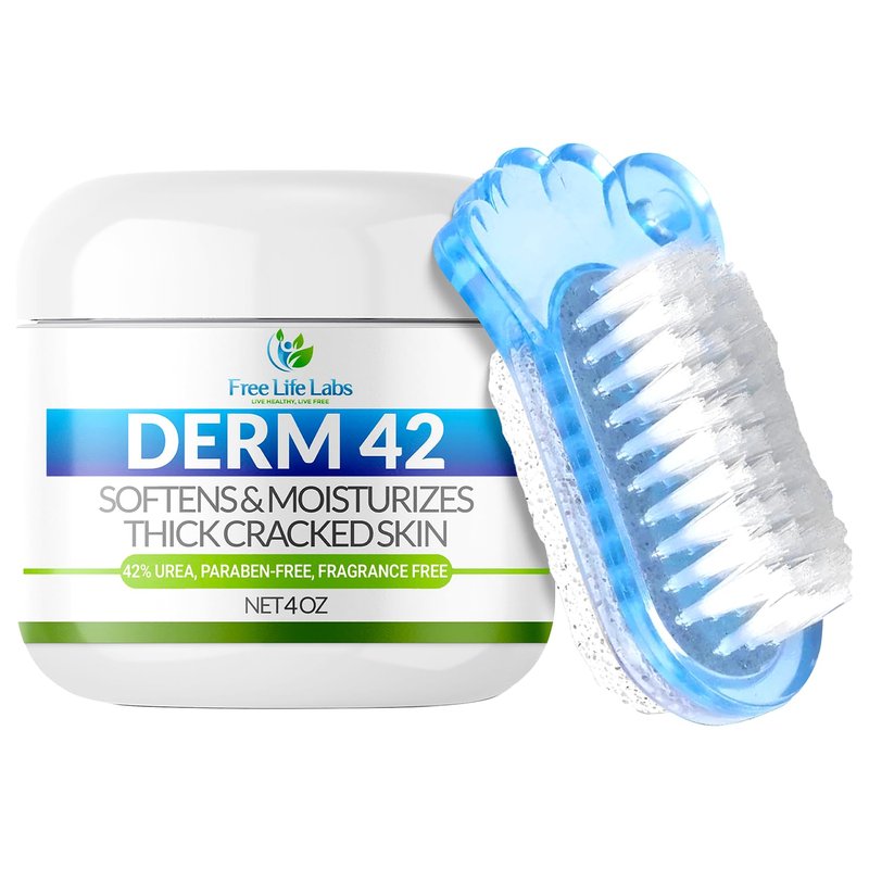 Free Life Labs - Urea Cream for Feet - Maximum Strength 42% Foot Cream for Calluses and Dry Feet - Free Pumice Stone and Brush - Shea and Mango Butters-Paraben Free-Fragrance Free- 4oz.