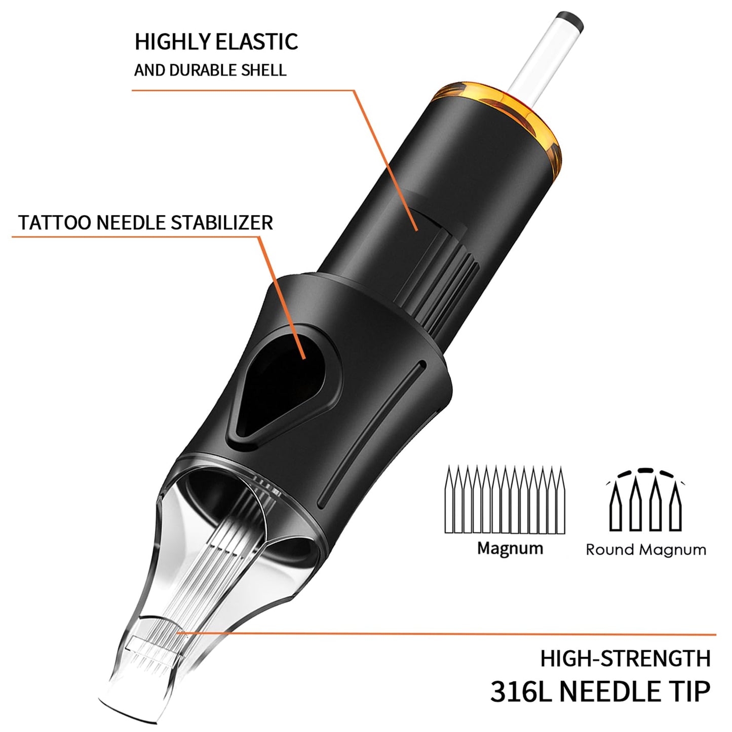 Ackbun 50 Assorted Tattoo Cartridge Needles Mixed Size #12 Standard Round Liner Shader Magnum - 5Pcs each of 5RL, 7RL, 9RL, 11RL, 5RS, 9RS, 15M1, 21M1, 15RM, 21RM Pro Disposable Tattoo Needles