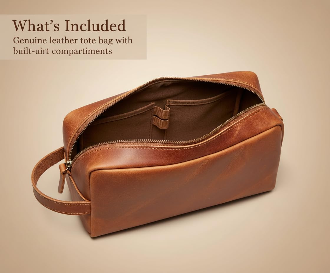 The Tannery Genuine Leather Toiletry Bag For Men & Women, Lightweight Pouch For Unisex, Durable Makeup Kit Bag, Best Gift For Father's Day, Stylish Travel Organizer, Thanks Giving (Tan Brown)