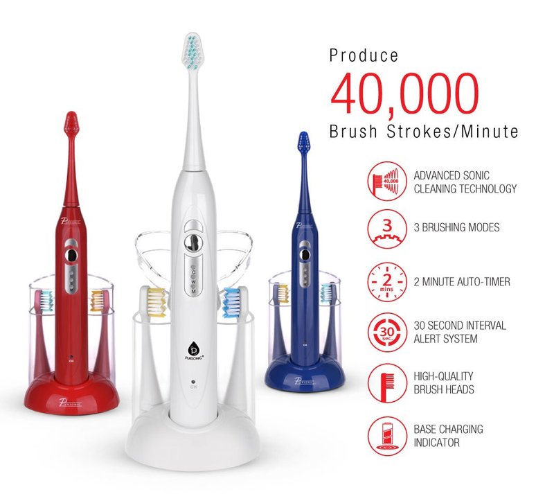 Pursonic S430 Power Rechargeable Sonic Toothbrush: 40,000 Strokes Per Minute, 12 Brush Head Replacements & Toothbrush Set Included - RED