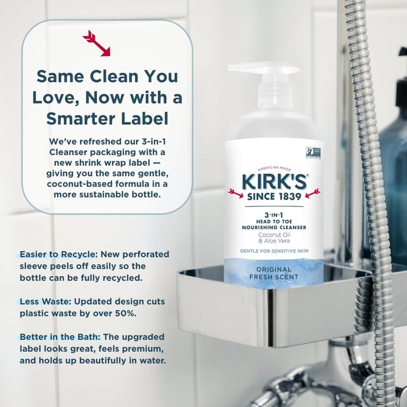 Kirk's Original Fresh 3-in-1 Nourishing Cleanser and Travel Bar Soap, Shampoo Body Wash Bubble Bath, Coconut Oil and Aloe Vera, Vegan Non-GMO, 32 Fl Oz, Pack of 2