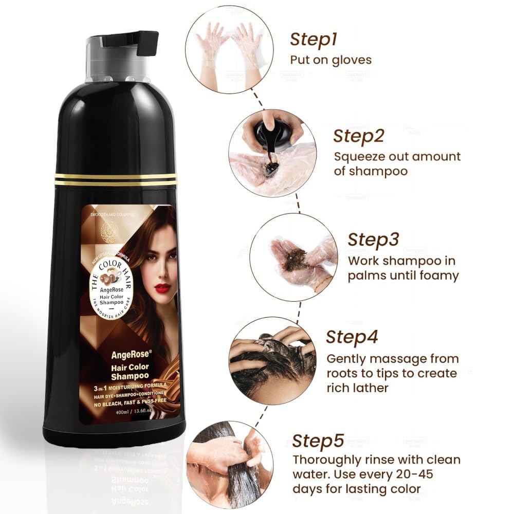 AngeRose Hair Dye Shampoo 3 in 1, Instant Herb Ingrident Hair Dye to Cover Gray Hair, Long-lasting & Natual, Wine Red, 400 ML