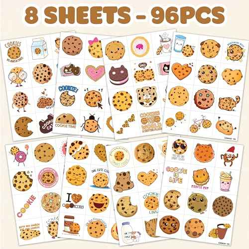 96PCS Cookie Pre-Cut Temporary Tattoos 8 Sheets 96PCS Milk and Cookies Party Decorations Supplies Favors Candyland Theme Birthday Cute Stickers Christmas Gifts for Boys Girls Class School Prizes