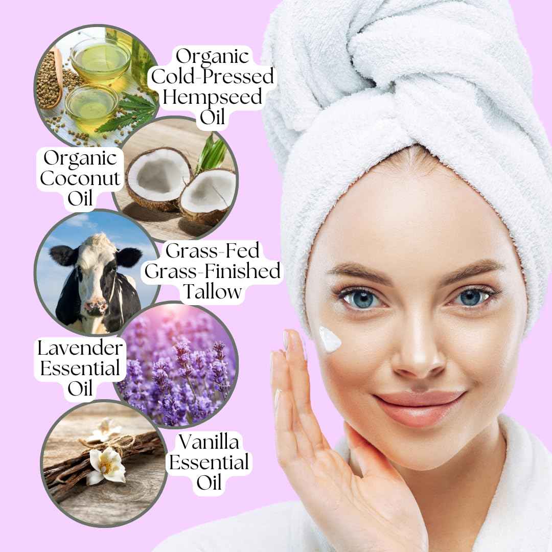 Whipped Hemp Tallow – Grass-Fed & Grass-Finished Tallow Balm with Lavender & Vanilla – Deep Hydration for Face & Body – Organic Hempseed & Coconut Oil Moisturizer – All-Natural Skincare