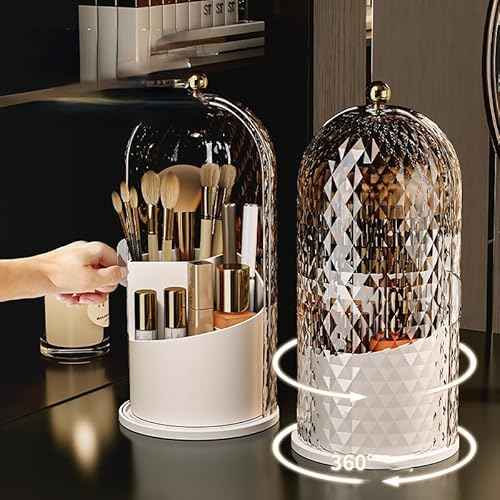 Makeup Brush Holder Organizer with 360¡Æ Rotating Lid Dustproof Makeup Brushes Organizer for Vanity Desktop Bathroom Countertop Clear Cover Easy Visibility (Black)