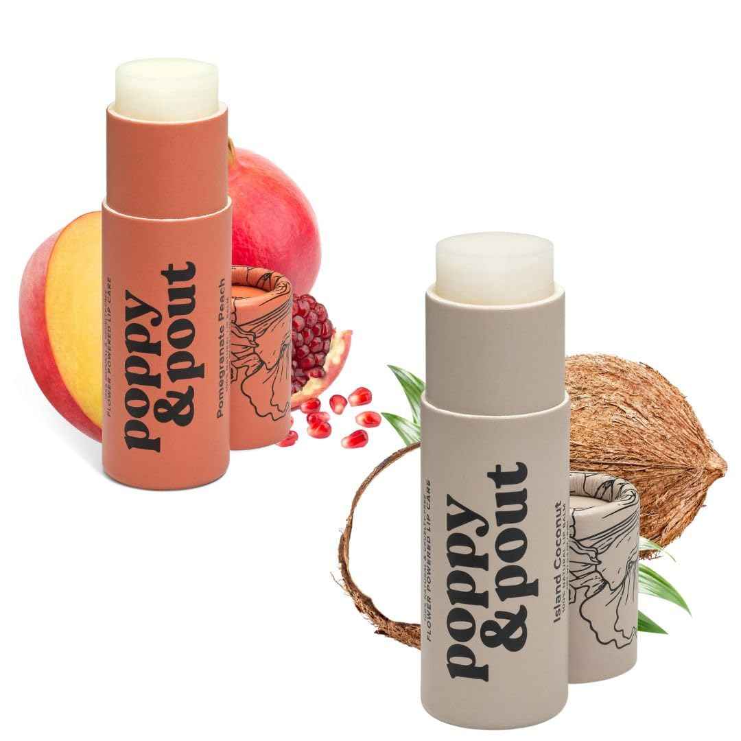 Poppy & Pout Jumbo Lip Balm 2 Pack, All Natural Lip Balms & Moisturizers, Hydrates with Beeswax, Vitamin E, Organic Coconut, Island Coconut & Pomegranate Peach