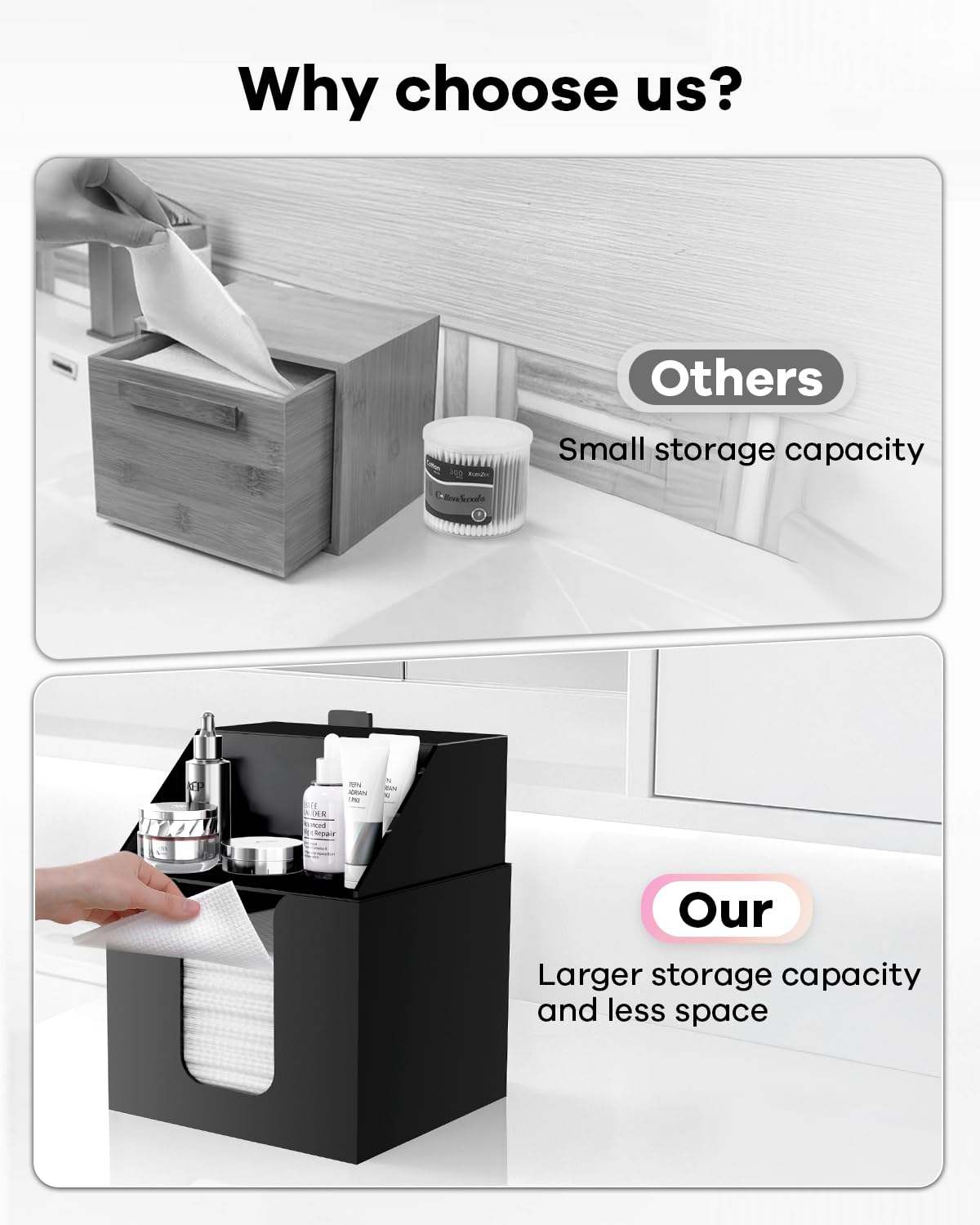 TAINESS Disposable Facial Towels Storage Box Compatible with Clean Skin Club Clean Towel XL - Cotton Pads - Swabs Upgraded Double Layer Acrylic Storage Container Face Towel Holder (Matte Black)
