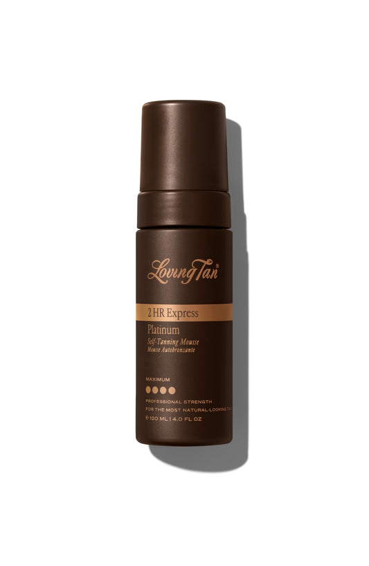 Loving Tan Platinum 2HR Express Self Tanning Mousse, Darkest Shade Yet -Streak Free, Professional Quality Sunless Tanner -5+ Applications per Bottle, Naturally Derived DHA, 4 Fl Oz -Packaging May Vary