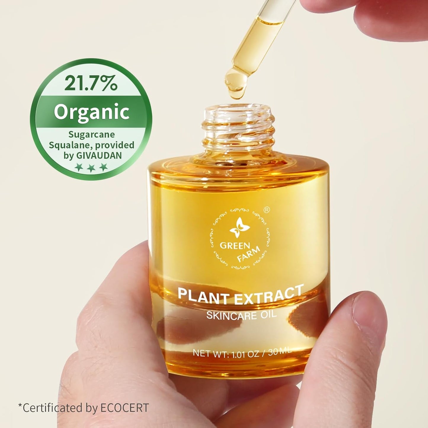 Organic Squalane Face Oil with Vitamin C - Non-Greasy, Plant-Based Formula for Dry, Sensitive Skin | 1 fl oz
