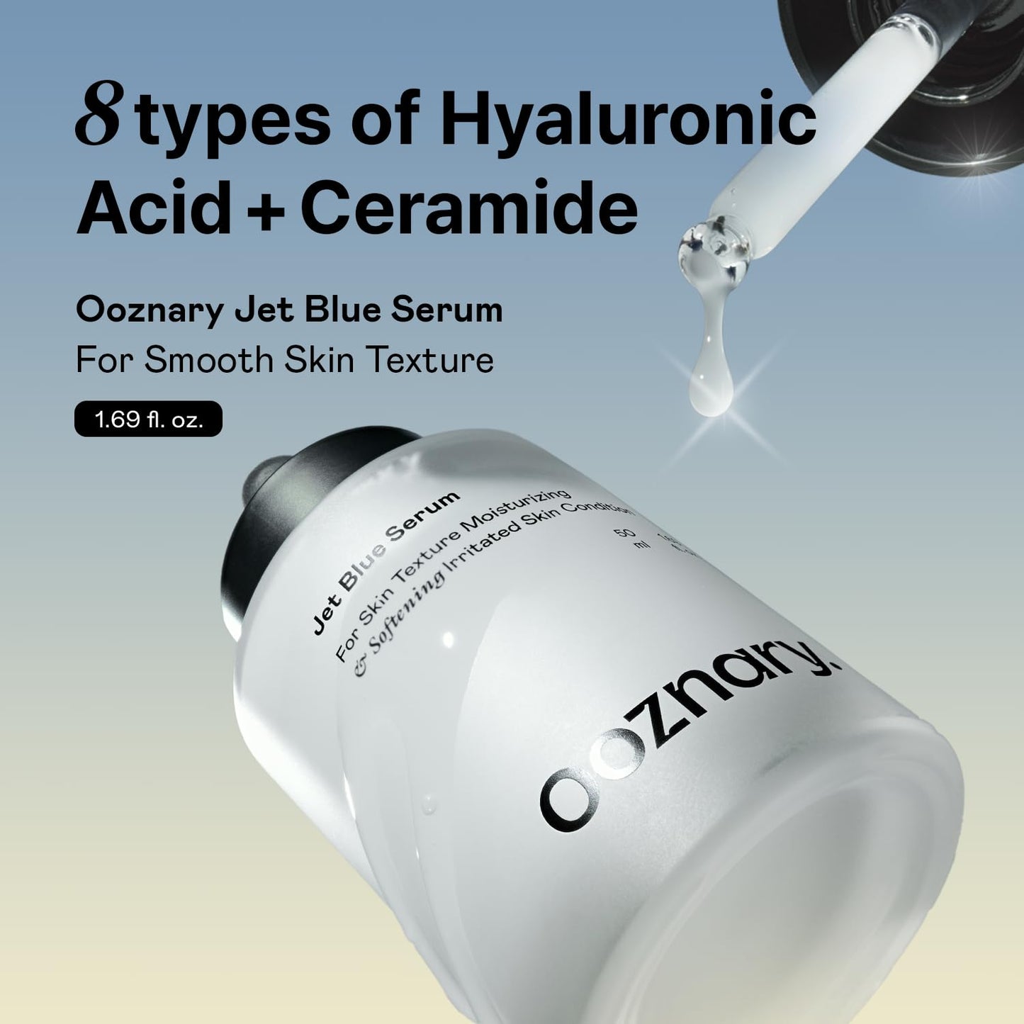 Ooznary Jet Blue Serum with 8 Types of Hyaluronic Acid plus Squalane and Ceramide, Extra Hydrating for Skin 1.6 fl oz. | 50 ml