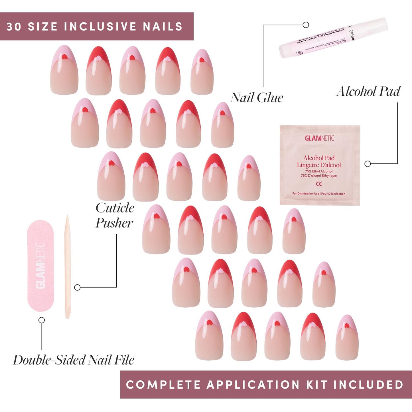 Glamnetic Press On Nails - Pure Hearted | Glossy, Semi-Transparent Short Almond Fake Nails with Heart Accents, Salon Quality | 15 Sizes - 30 Nail Kit with Glue