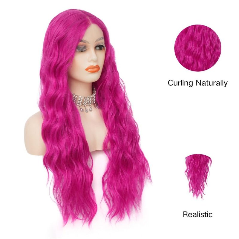 Siudus Hot Pink Long Lace Front Wigs for Women Curly Wavy Cosplay Wig Middle Part Synthetic Fibre Halloween Costume Party Wig