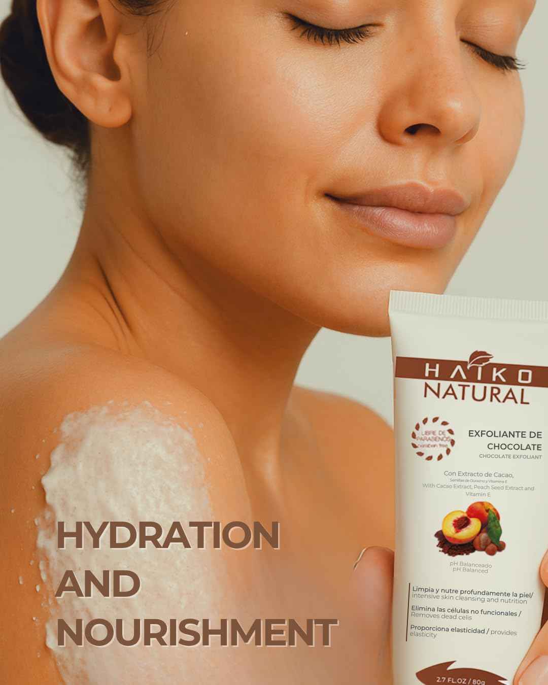 HAIKO NATURAL Chocolate Body Scrub with Cocoa Extract, Peach Seed Powder & Vitamin E. Exfoliates, Nourishes & Revitalizes Skin. Non-Greasy & Paraben-Free - 2.7 FL.OZ / 80g