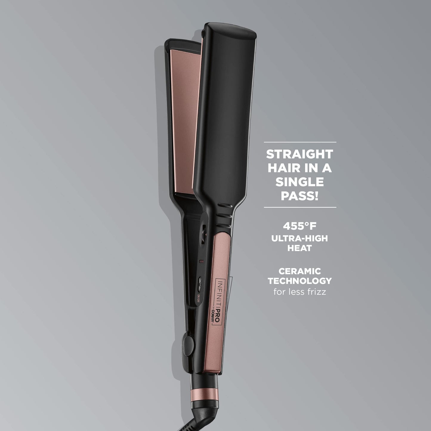 Infiniti PRO CONAIR Rose Gold Ceramic Flat Iron Hair Straightener, 1 3/4-Inch Flat Iron with Extra-Long Plates, Including a Floating Plate, Advanced Heat Technology, Black