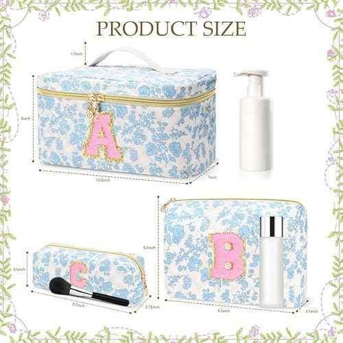 3 PCS Travel Makeup Bag Set,A-Z Initials Cotton Make up Bag Floral Quilted Cosmetic Bag for Girls and Women,Personalized Christmas Gifts,Cute Toiletry Travel Accessories Brushes Bags-E