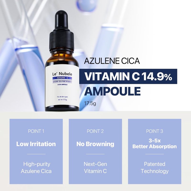 Le Nubele Azulene Cica Pure Vitamin C 14.9% Ampoule for Vitamin C Beginner | Vitamin C + Azulene Cica + ActivePep 200 | Uneven Skin Tone, Daily Glow Care, Korean Skincare | 17.5g•0.62oz