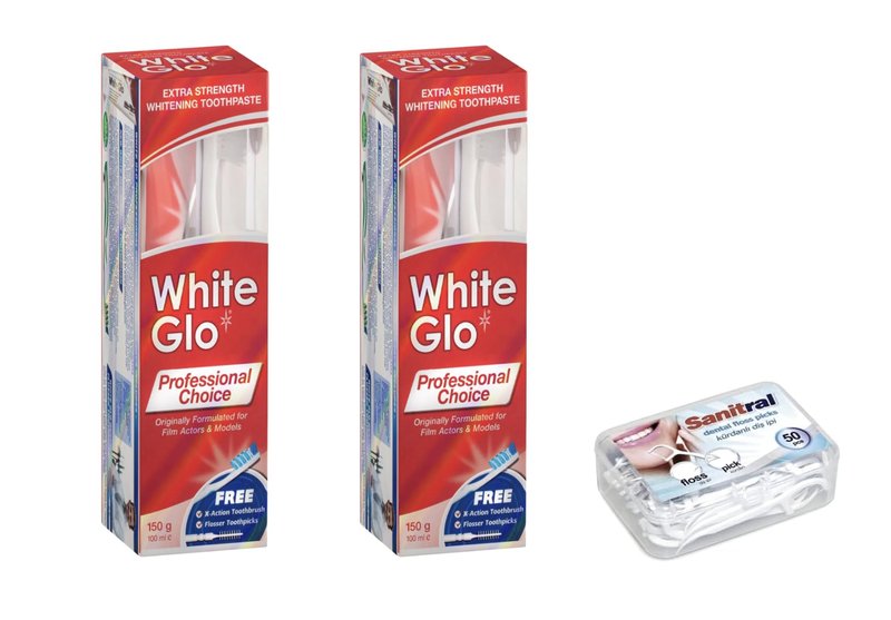 White Glo Extra Strength Whitening Toothpaste Professional Choice 100ml - 2 Packs with Sanitral 50 Pcs Dental Floss Stick Included as a Gift