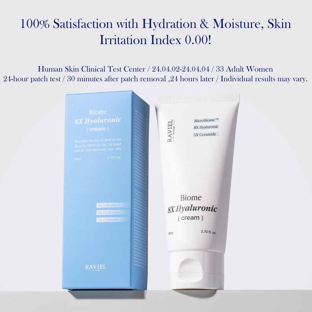 RAVIEL Biome 8X Hyaluronic Cream – Deep Moisture Glow Cream with 5X Ceramide for Inner Hydration, Skin Firmness & Pore-Less Finish, Korean Skincare, 80ml,2.70 fl oz