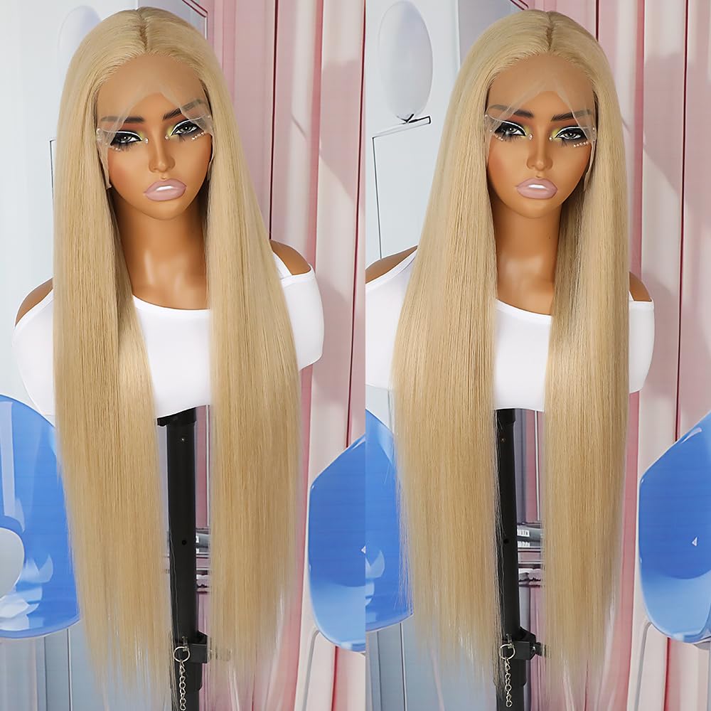 QD-Tizer Ash Blonde Synthetic Hair Wigs Long Straight Hair Mixed Platinum Blonde Color Natural HairLine Heat Resistant Fiber Hair Wigs for Fashion Women 32Inch