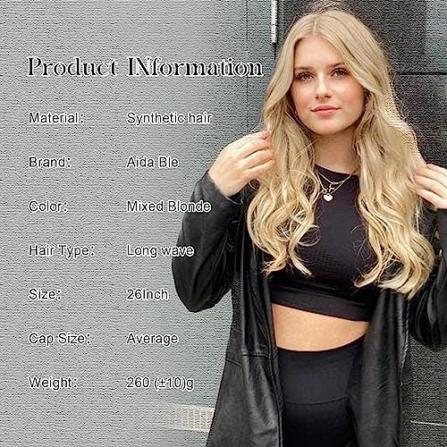 Mixed Blonde Long Wave Wig for Women -26inch Middle Part Long Curly Wig Heat Resistant Synthetic Hair Looking Natural, Fiber Wig for Daily Party Use