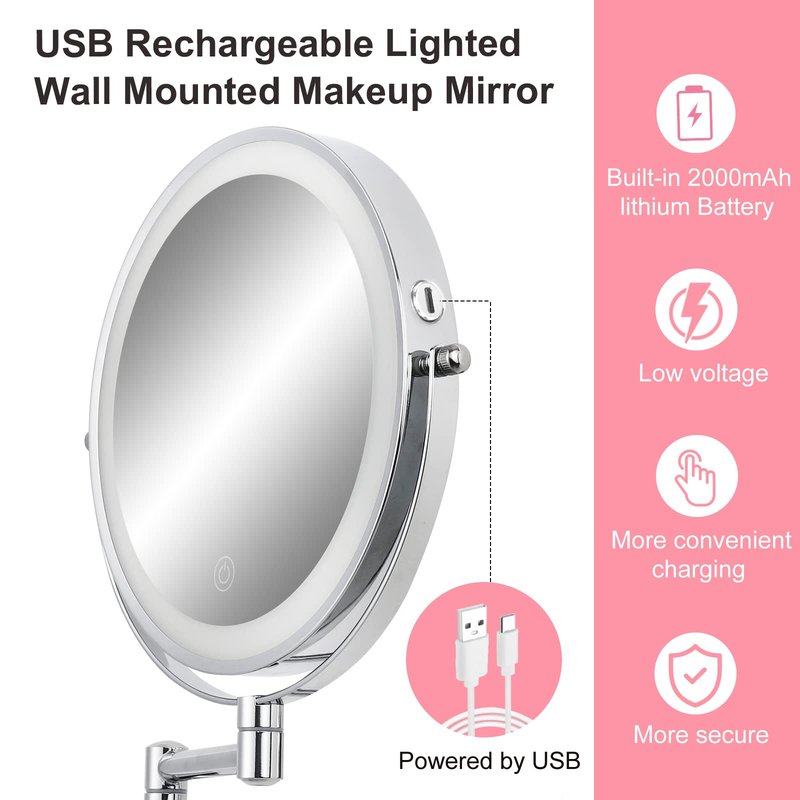 FFowcye 8" LED Wall Mounted Makeup Mirror, 1X/10X Magnifying Vanity Mirror with 3 Color Modes, 2000mAh Rechargeable 360° Swivel Extendable Arm, Polished Chrome for Bathroom Makeup, Shaving, Skincare