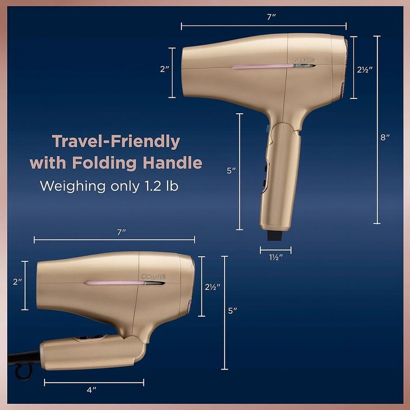 Conair 1875W Worldwide Travel Hair Dryer – Dual Voltage, Folding Handle, Ionic Technology – Champagne Compact Travel Blow Dryer for International Use