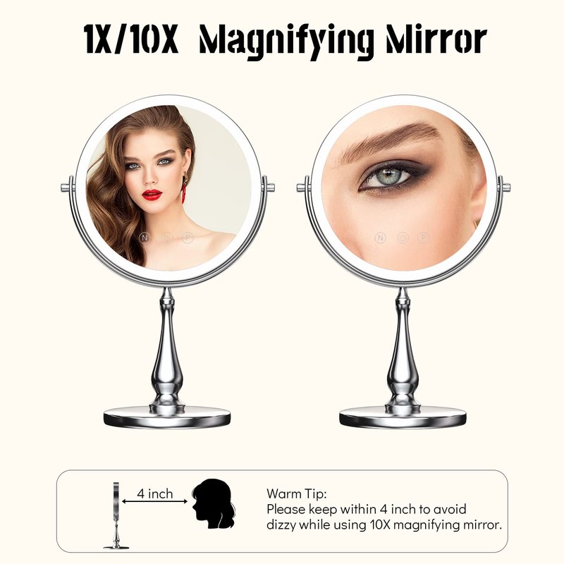 WIZCHARK 9" Large Lighted Makeup Mirror, 1X/10X Magnifying Vanity Mirror with 3 Colors Dimmable Lightning, 80 LED Lights, 360°Rotation Double Sided Standing Desk Mirror