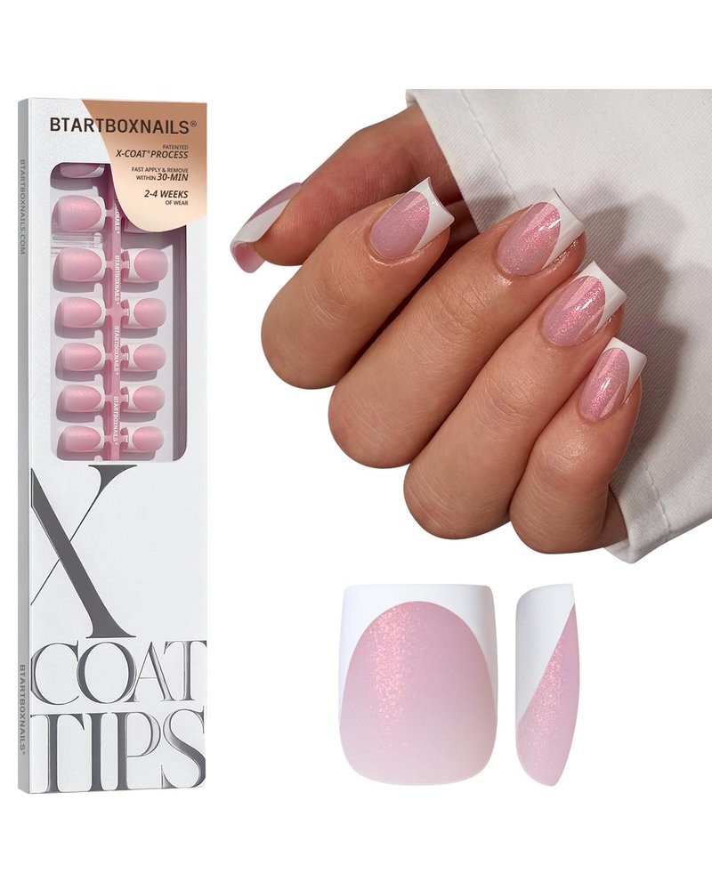 Shimmering French Tip Press-On Nails - 96 Pcs Sparkling Pink Extra Short Set | 16 Sizes for Weddings