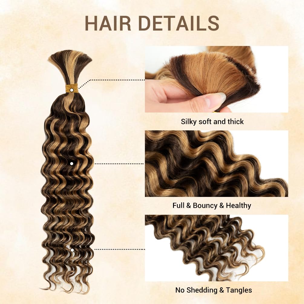 Human Braiding Hair for Boho Knotless Braids 1 Bundle 18 Inches 50g Deep Wave Bulk Human Hair for Braiding Hair Wet and Wavy 10A Brazilian Virgin Human Hair Balayage Brown to Blonde 4P27