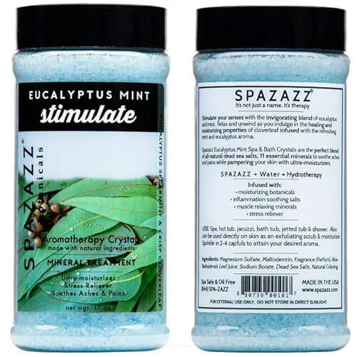 Spazazz Hot Tub Aromatherapy Bath Salt Crystals 3-Pack Bundle - Eucalyptus Mint Stimulate - Tropical Rain Revitalize - Honey Mango Arouse - Botanicals Collection Scents for Relaxing in Spas (17 oz)