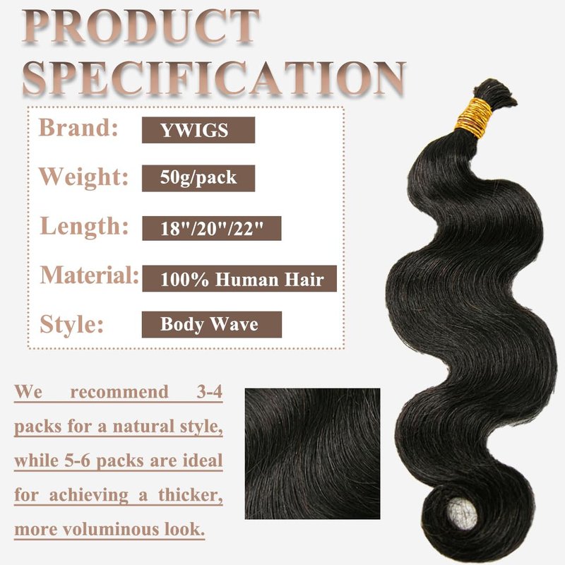 YWIGS Body Wave Human Braiding Hair for Boho Braids 50G No Weft Virgin Human Hair Bulk Human Hair for Braiding 18inch